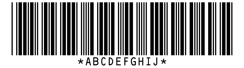 Code 39 barcode for the same ten capital letters ABCDEFGHIJ, longer than the Code 93.