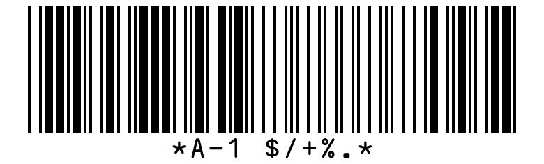 Code 39 barcode for A-1 $/+%. with a letter, a digit, the space and the six symbols Code 39 can encode, and the start and stop character * at both ends of the text.