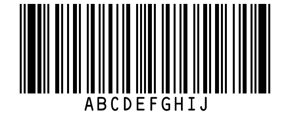 Code 93 barcode for the ten capital letters ABCDEFGHIJ, shorter than the Code 39 beside it.