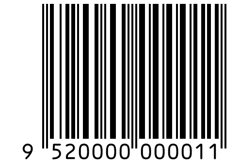 EAN-13 barcode 9520000000011 under GS1 Prefix 952, kept for demonstrations and examples.