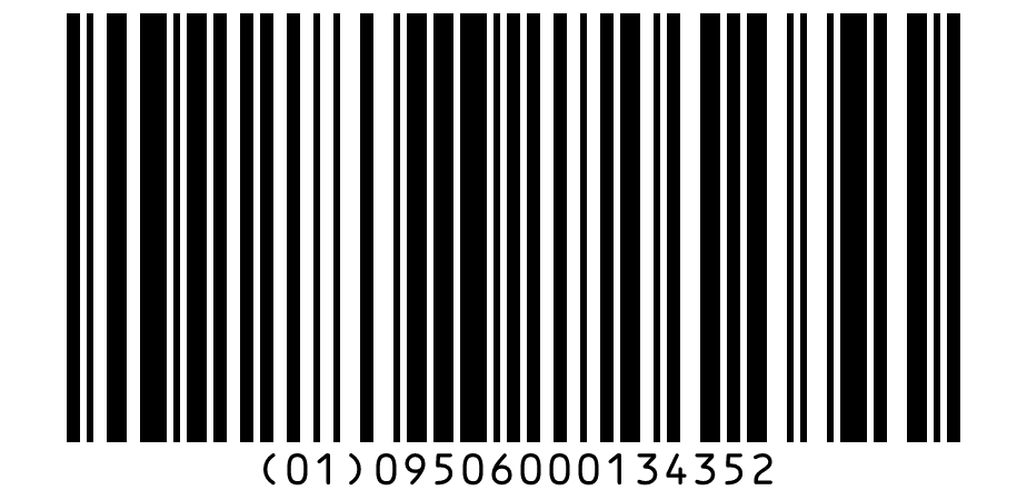 GS1-128 barcode for (01)09506000134352, which starts with FNC1 so a scanner reports it as GS1 data.