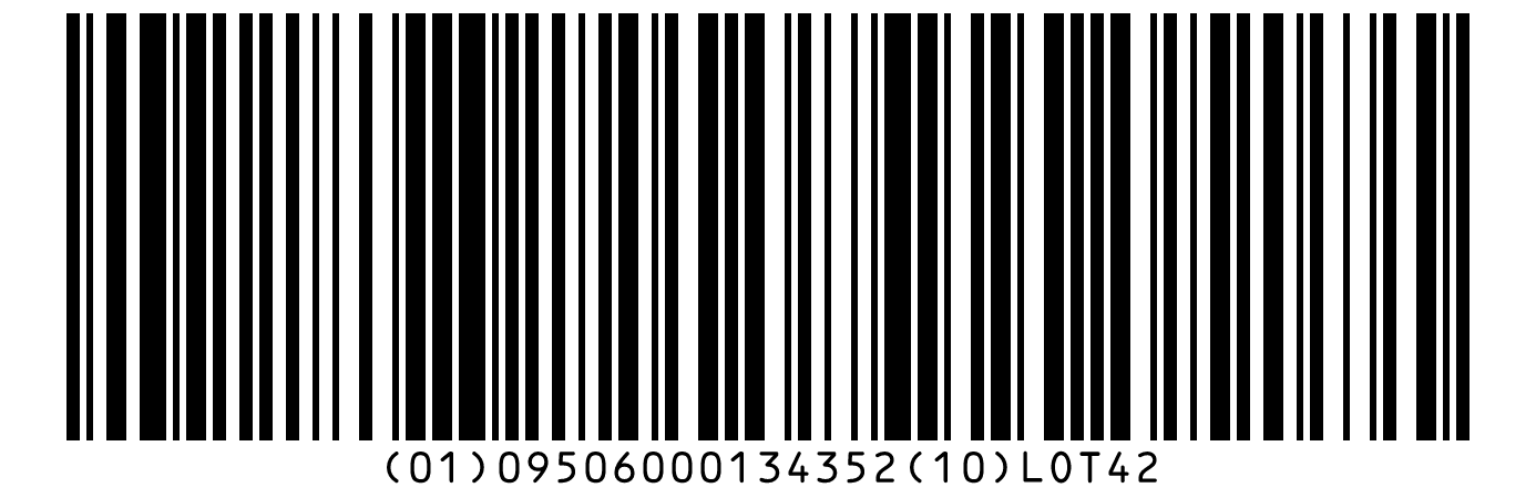 GS1-128 barcode for (01)09506000134352(10)LOT42, with the AIs in brackets in the text under the bars.