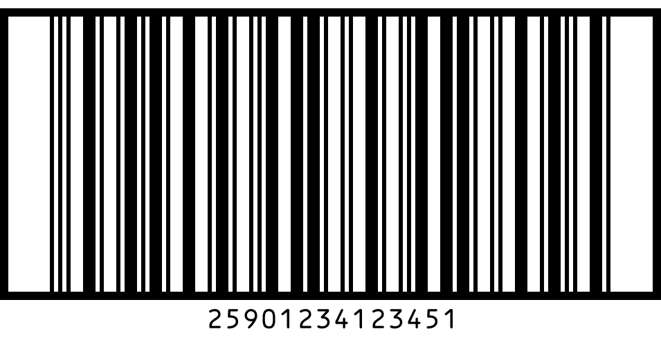 ITF-14 barcode 25901234123451: indicator digit 2 in front of the item number 590123412345 and a new check digit.