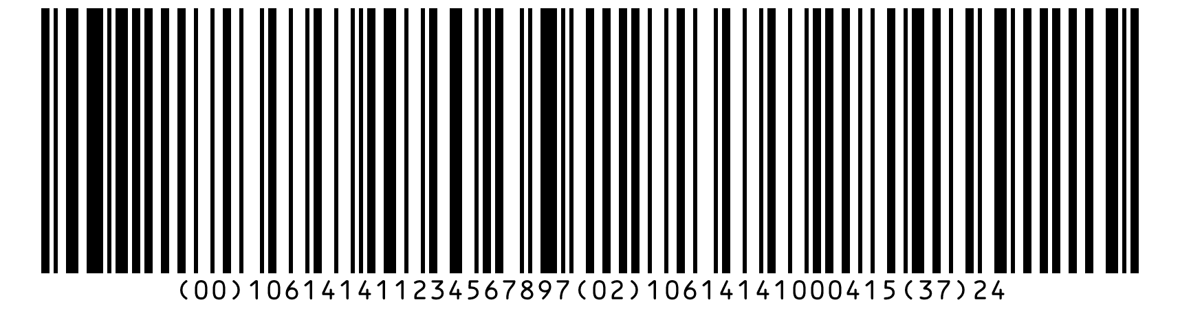 GS1-128 barcode with the SSCC (00) 106141411234567897, the GTIN of the contents (02) 10614141000415 and the count (37) 24.